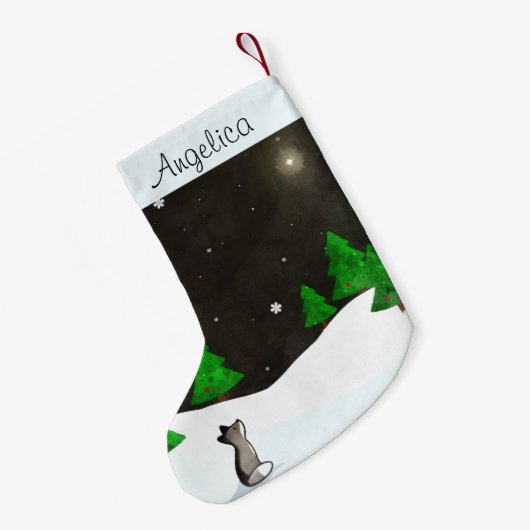 Snowyの冬夜水彩画で星を眺めているオオカミ スモールクリスマスストッキング (裏面 (吊り時))