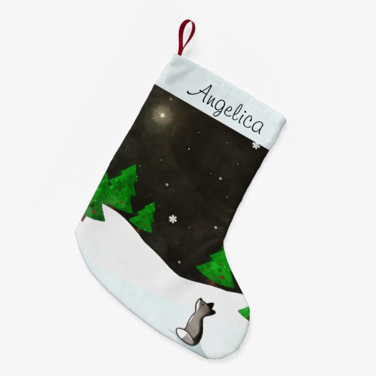 Snowyの冬夜水彩画で星を眺めているオオカミ スモールクリスマスストッキング (正面 (吊り時))