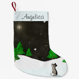 Snowyの冬夜水彩画で星を眺めているオオカミ スモールクリスマスストッキング