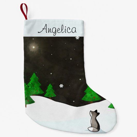 Snowyの冬夜水彩画で星を眺めているオオカミ スモールクリスマスストッキング (正面)