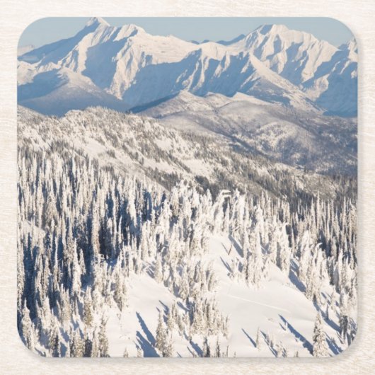 Snowyの山および木の景色の眺め スクエアペーパーコースター (正面)