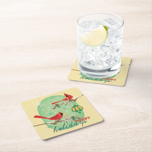 Snowyの松の木の枝のヴィンテージの（鳥）ショウジョウコウカンチョウ スクエアペーパーコースター (インサイチュ)