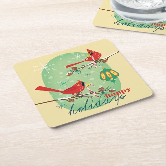 Snowyの松の木の枝のヴィンテージの（鳥）ショウジョウコウカンチョウ スクエアペーパーコースター (アングル)