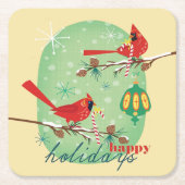 Snowyの松の木の枝のヴィンテージの（鳥）ショウジョウコウカンチョウ スクエアペーパーコースター (正面)