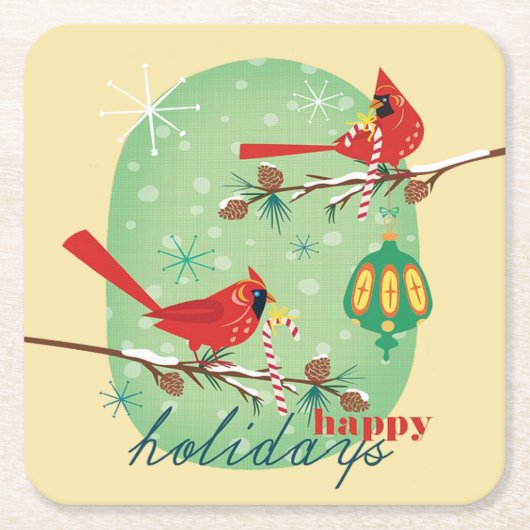 Snowyの松の木の枝のヴィンテージの(鳥)ショウジョウコウカンチョウ スクエアペーパーコースター (正面)