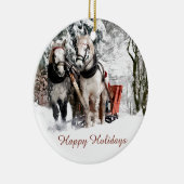 Snowyの森を通した馬のチームそりの乗車 セラミックオーナメント (右)