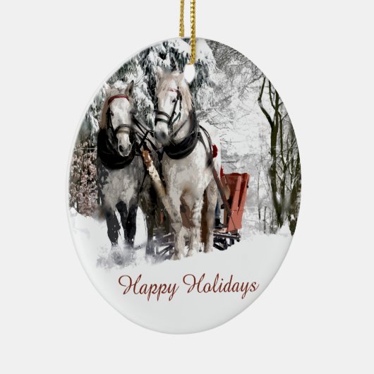 Snowyの森を通した馬のチームそりの乗車 セラミックオーナメント (右)