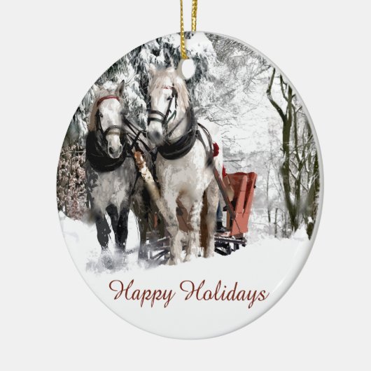 Snowyの森を通した馬のチームそりの乗車 セラミックオーナメント (左)