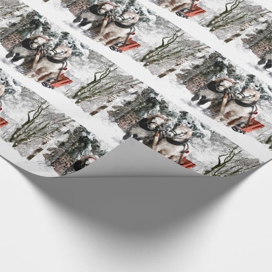 Snowyの森を通した馬のチームそりの乗車 ラッピングペーパー (角)