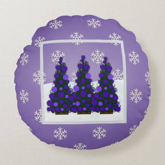 Snowyの紫色のクリスマスツリーの円形の枕 ラウンドクッション (正面)