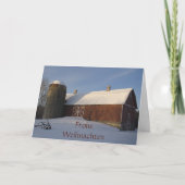 Snowyの赤い納屋のFrohe Weihnachtenのドイツ人のクリスマス シーズンカード (正面)