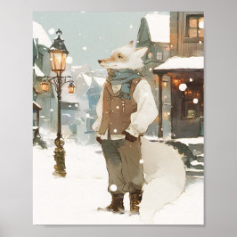 Snowy Arctic Fox Watercolor Portrait with Scarf ポスター
