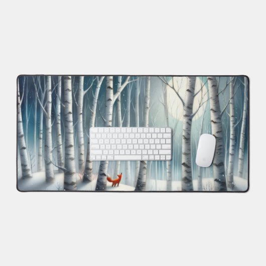 Snowy Birch Forest Desk Mat with Fox デスクマット (キーボード&マウス)