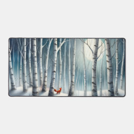 Snowy Birch Forest Desk Mat with Fox デスクマット