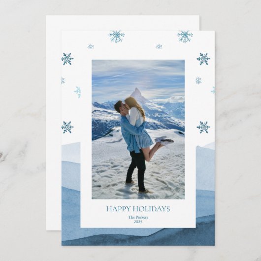 Snowy Blue Holiday Photo Card 招待状 (正面/裏面)