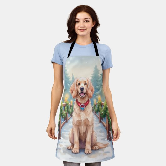 Snowy Bridge Boykin Spaniel Christmas Art エプロン (着用した状態)