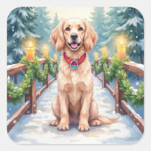 Snowy Bridge Boykin Spaniel Christmas Art スクエアシール (正面)