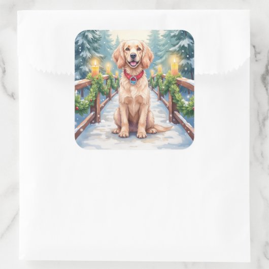 Snowy Bridge Boykin Spaniel Christmas Art スクエアシール (バッグ)