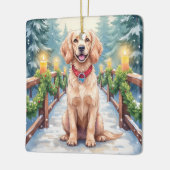 Snowy Bridge Boykin Spaniel Christmas Art セラミックオーナメント (左)