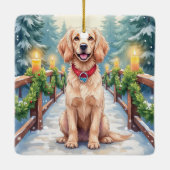 Snowy Bridge Boykin Spaniel Christmas Art セラミックオーナメント (裏面)