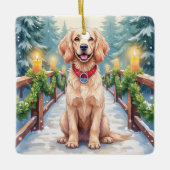 Snowy Bridge Boykin Spaniel Christmas Art セラミックオーナメント (正面)