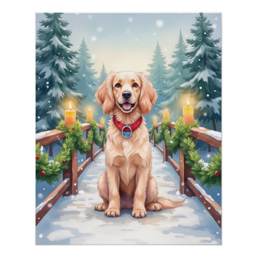 Snowy Bridge Boykin Spaniel Christmas Art ポスター (正面)