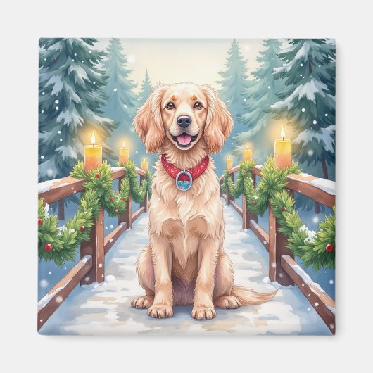 Snowy Bridge Boykin Spaniel Christmas Art マグネット (正面)
