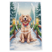 Snowy Bridge Boykin Spaniel Christmas Art ミディアムペーパーバッグ (正面)
