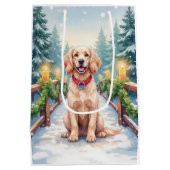 Snowy Bridge Boykin Spaniel Christmas Art ミディアムペーパーバッグ (裏面)