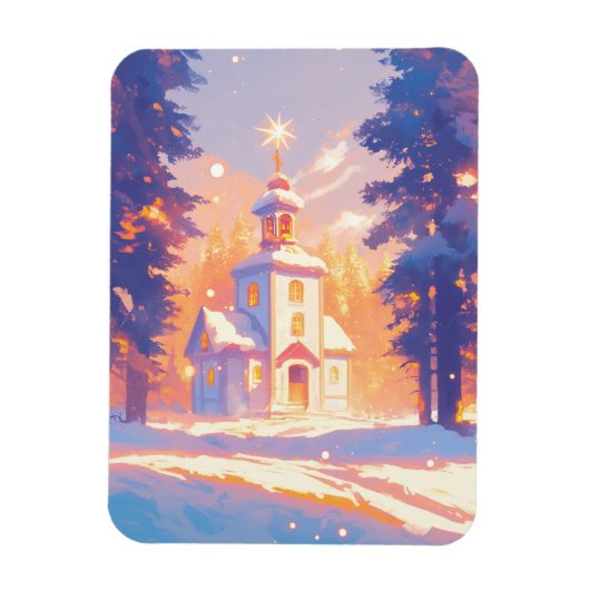 Snowy Christmas Church Scene マグネット (縦)
