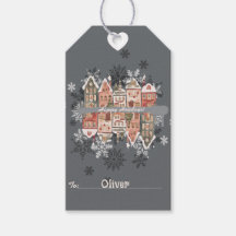 Snowy Christmas Houses Snowflakes Gray