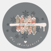 Snowy Christmas Houses Snowflakes Gray