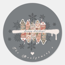 Snowy Christmas Houses Snowflakes Gray ラウンドシール