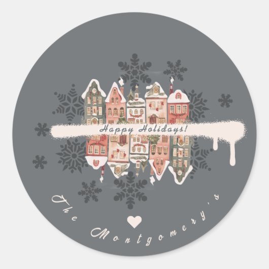 Snowy Christmas Houses Snowflakes Gray ラウンドシール (正面)