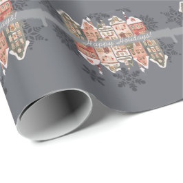 Snowy Christmas Houses Snowflakes Gray ラッピングペーパー