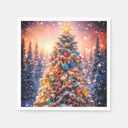 Snowy Christmas Tree Paper Napkins スタンダードカクテルナプキン (正面)