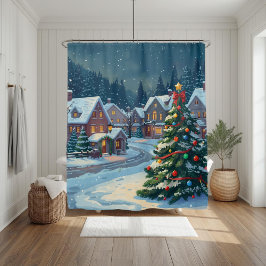 Snowy Christmas Village Holiday Shower Curtain シャワーカーテン