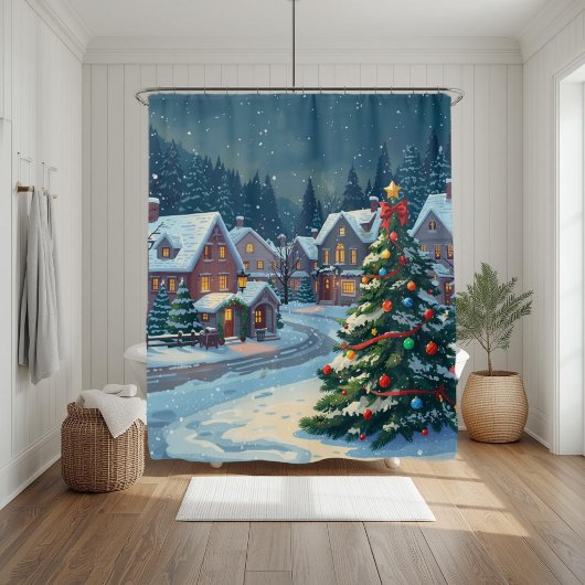 Snowy Christmas Village Holiday Shower Curtain シャワーカーテン