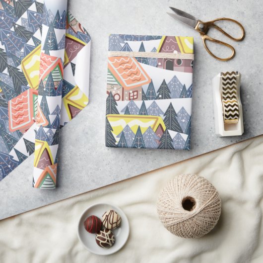 Snowy Christmas Village Pattern ラッピングペーパー (クラフト)