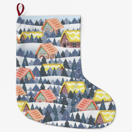 Snowy Christmas Village Pattern ラージクリスマスストッキング