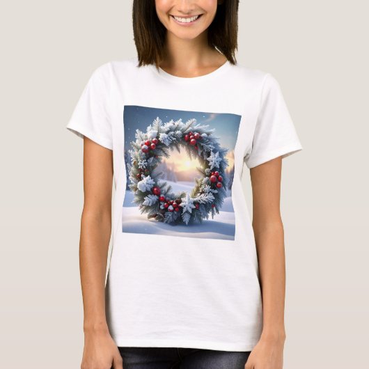Snowy Christmas Wreath with Red Berries Tシャツ (正面)