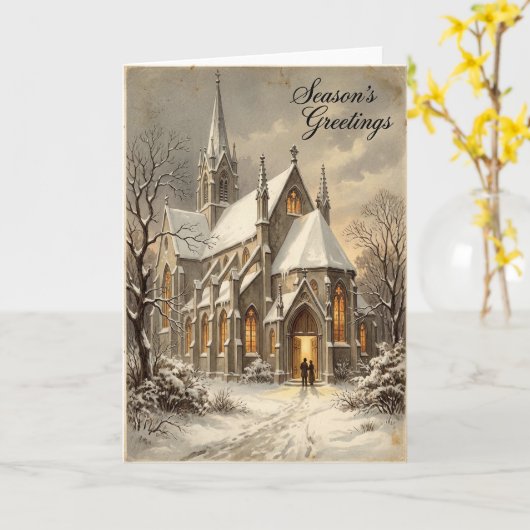 Snowy Church Christmas Greetings Card カード (黄色い花)