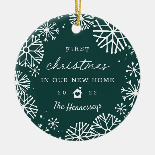 Snowy Circleの初めてのクリスマスが新しいホームフォトに セラミックオーナメント (正面)