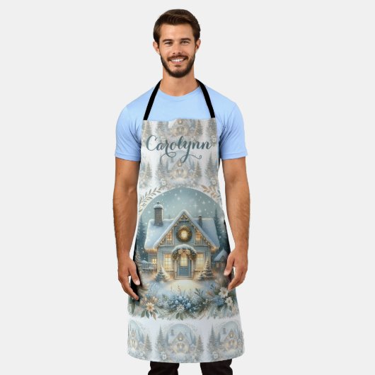 Snowy Cottage Glow Scene エプロン (着用した状態)