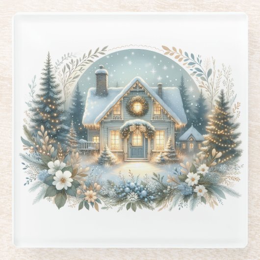 Snowy Cottage Glow Scene ガラスコースター (正面)