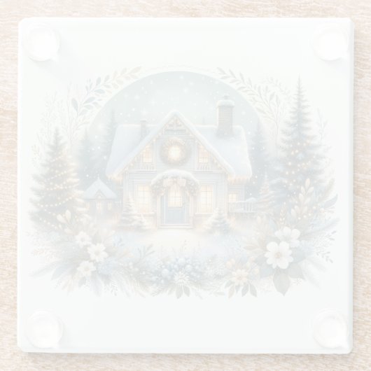 Snowy Cottage Glow Scene ガラスコースター (裏面)