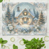 Snowy Cottage Glow Scene キッチンタオル (折り畳み)