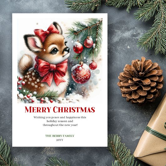 Snowy Cute Fawn Watercolor Forest Christmas Card シーズンカード
