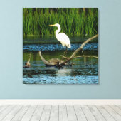 Snowy Egret on Log Canvas Print キャンバスプリント (インサイチュ (ウッドフロア))