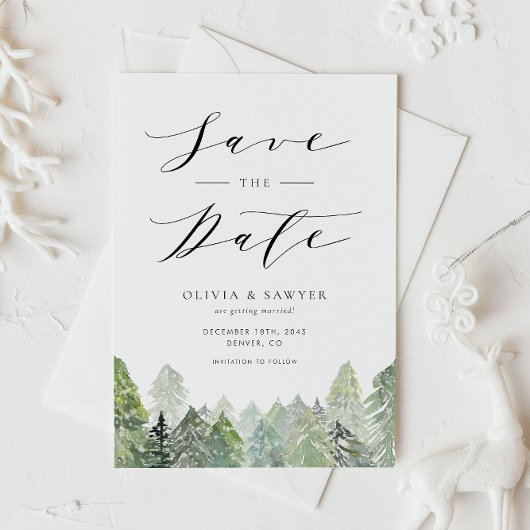 Snowy Evergreen Forest Winter Save the Date 案内ポストカード